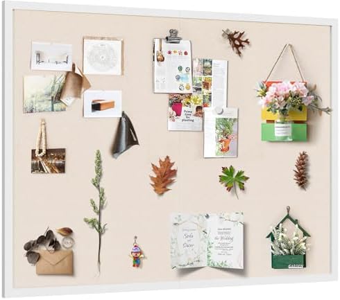 Miratino Large Bulletin Board 48x36 inch with Linen Cork Boards Wall Decor Hanging Pin Wood Framed Display Bulletin Cork Photo Picture Board Light for Room School Office 30-Pushpin White by Sayhellotogoodlife