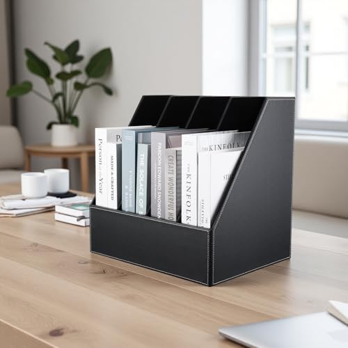 KINGFOM 4-Slot Wood Leather Document Files Holder Rack Stand Desk Files Organizer Papers Collection Cabinet (4 slot Black) - Image 3