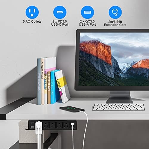 40W Under Desk Power Strip Surge Protector 1200J 5 Outlet 4 USB 10FT Black - Image 3