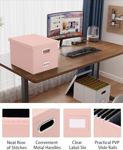 Oterri 2 Pack File Storage Organizer Box,Filing Box,Portable File Box with Lid,Fit for Letter/Legal File Folder Storage, Cream-pink(Leather)-Box only - Image 4