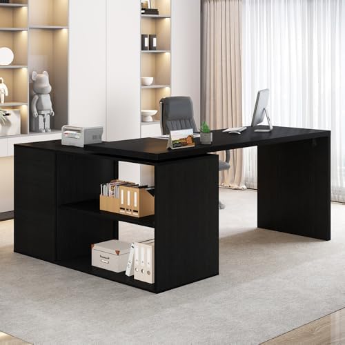 HSH Black L Shaped Desk Corner Desk with 3 Storage Drawers 55 inch - Image 3