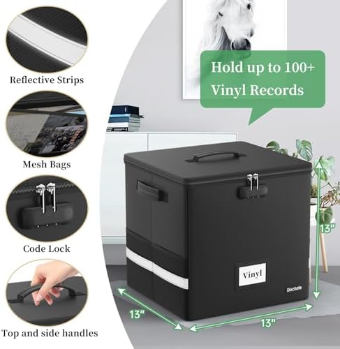 DocSafe Vinyl Record Storage Box with Lock,Fireproof＆Water Resistant Record Organizer Storage for 100+ Single Records(12-inch),Collapsible Storage Crate with Lid&Handles for Valuable Album Collection - Image 3