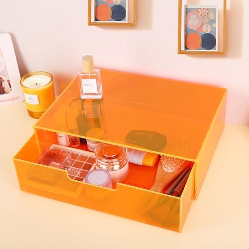Gelite Acrylic Desk Organizer with Drawer for Makeup Vanity Stackable Desktop Storage Box for Office Supplies, 13.8 x 9.8 x 3.9’’, Neon Orange - Image 5