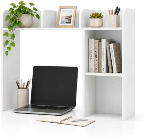 BECOMFORT Desk Hutch, Desk Organizer Shelf w/ 5 Storage Compartments, up to 27” Monitor, Wooden Display Rack, Desktop Bookshelf for Vanity Dressing Tabletop College Dorm Home & Office by BECOMFORT