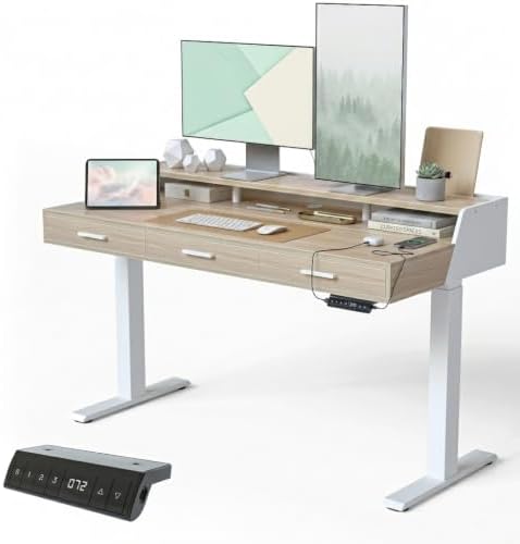 CubiCubi One-Piece Standing Desk 55x26 with 3 Wood Drawers, Pale Walnut by CubiCubi