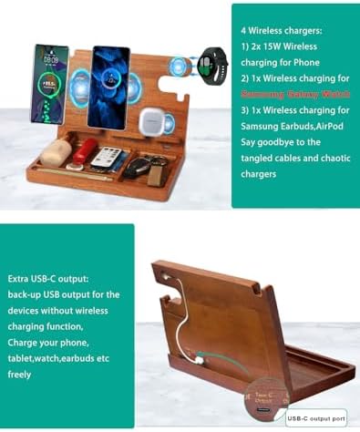 Desk Organizer with 4 Wireless Charging Station for Samsung Devices,27W Dual Wireless Charger Fast Charging for 2 Phones,Galaxy Watch 8/7/6/5/4/3/2,TWS box,Wood Phone Docking Station,Gifts for Men Dad - Image 6