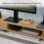Bamboo Dual Monitor Stand, Natural Desk Shelf with 2 Drawers - Image 3