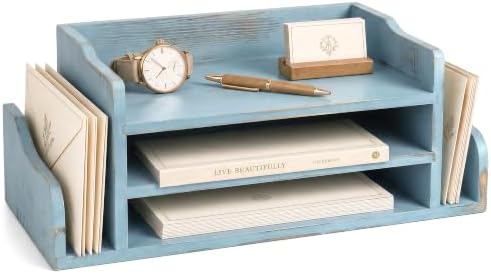 Wood Desk Organizer:File Organizer with 3-Tier Shelf for Office Desk, Blue by REBEEVISION