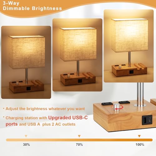 Wood Grain Table Lamp for Bedroom, Stepless Dimmable, USB C+A, 2 AC Outlets - Image 3