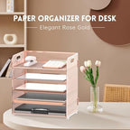 Supeasy 5 Trays Paper Organizer Letter Tray with Handle-Mesh Desk File Organizer, Paper Sorter Desk Organizer for Office, Home or School (Rose Gold) - Image 2
