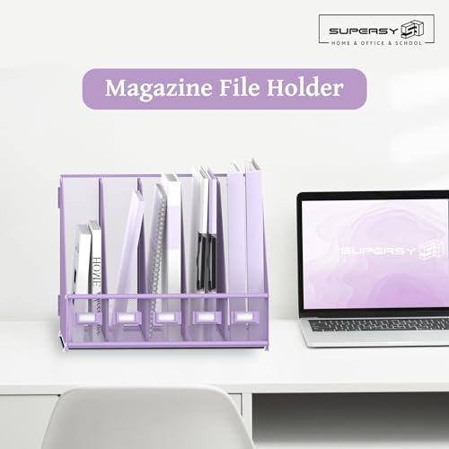 SUPEASY Desk Organizers Metal Desk Magazine File Holder with 5 Vertical Compartments Rack File Organizer for Office Desktop, Classroom, Home Workspace, Purple - Image 2