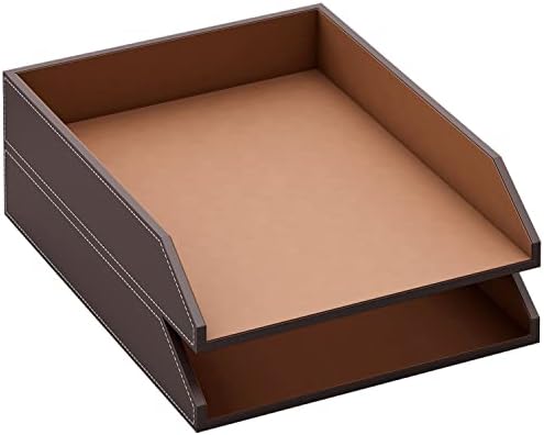 Leather Letter Tray, Thipoten Stackable Desk Organizer Holder for Office Supplies, Paper, File, Magazine, Perfect Office Organization for Desktop (Brown-2Tiers) by THIPOTEN
