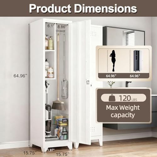 Slim Broom Closet Storage Cabinet, 65" H Metal Cabinets with Lock and Shelves & S-Hooks, Utility Storage Cabinet for Mop, Narrow Storage Cabinets for Pantry, Bathroom, Garage, White - Image 3