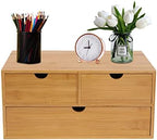 Bamboo Desk Organizer Small Retro Bamboo Tabletop Storage Box with Drawers& Recess Handles for Office Home Supplies Table Storage Collector 13 * 7.5 * 6in (3 Drawers/2 Top&1 Bottom) by DOONARCES