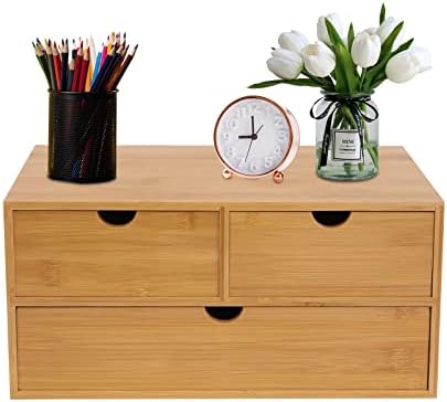 Bamboo Desk Organizer Small Retro Bamboo Tabletop Storage Box with Drawers& Recess Handles for Office Home Supplies Table Storage Collector 13 * 7.5 * 6in (3 Drawers/2 Top&1 Bottom) by DOONARCES
