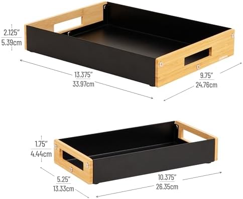 Mind Reader Metal and Wood Tiered Desktop Organizer Trays with Cutout Handles, Stackable Office Storage, Office, Entryway, Coffee Station and Home Organization, Metal and Wood, Set of 2, Black - Image 3