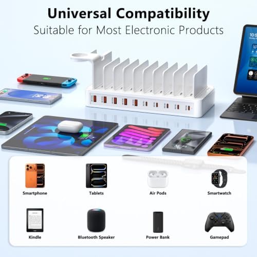 100W Charging Station for Multiple Devices, 10-Port USB Charging Dock Organizer with 10 Cables & Watch Stand, Adjustable Dividers Multi Charger Compatible with iPad/Tablet/iPhone/Android, White - Image 7