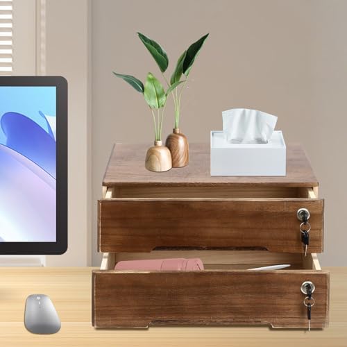 Wooden Desk Organizer with Drawers & Lock, Desktop Countertop Storage Cabinet Lockable Home Office Supplies File Tabletop Organizing Unit (2 Drawer - Retro Walnut) - Image 4