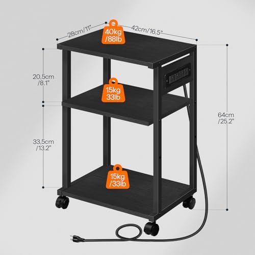 HOOBRO Industrial Printer Stand with Charging Station, 3-Tier Printer Table, Rolling Printer Cart with Adjustable Shelf and Hook, Black BB28UPS01 - Image 2