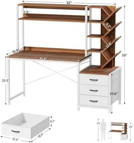 YOMILUVE 52" Computer Desk with Bookshelf, 3 Drawers ＆ Hutch for Bedroom - Image 2