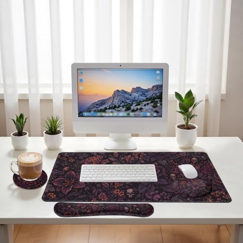 Dark Floral Desk Mat Set Gothic Skull Rose Large Mouse Pad with Wrist Rest 4in1 Desk Mat for Desktop Ergonomic Computer Desk Arm Wrist Anti-Slip Computer Ergonomic Mouse Pad Home Office Gaming - Image 6