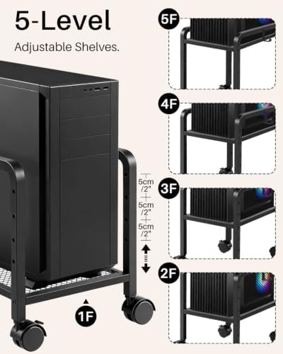Metal PC Stand, Adjustable Computer Tower Stand with Wheels, Black - Image 6
