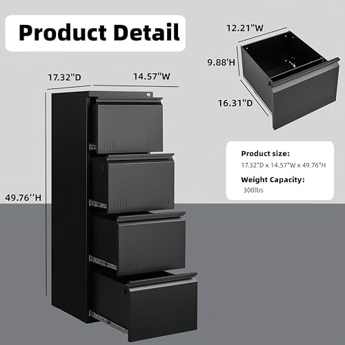 Guizeeopo Metal File Cabinet with Lock, Vertical 4 Drawer File Cabinets for Home Office, Heavy Duty Office Storage Cabinet for A4/Letter/Legal Size, Assembly Required(Black) - Image 2