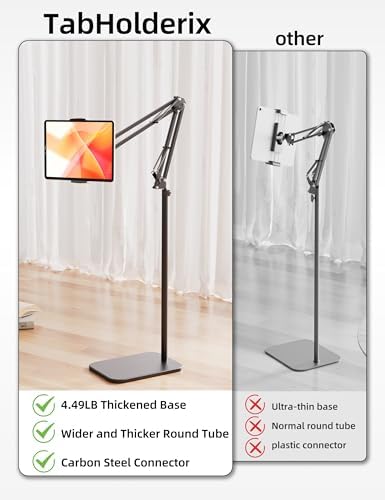 Tablet Floor Stand with 4.5LB Heavy Metal Base,Overhead Bed Phone Stand Angle Height Adjustable Holder, Universal Phone Mount for iPad iPhone Pro Air Mini, Samsung Tab, Kindle, E-Readers... - Image 2