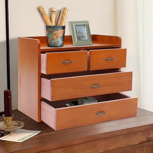 Wood Desktop Organizer with 4 Drawers Countertop Desk Storage Cabinet Retro Wooden Tabletop Storage Organization Box with Metal Handle for Home Office Bedroom Makeup Tools Organization, Brown - Image 6