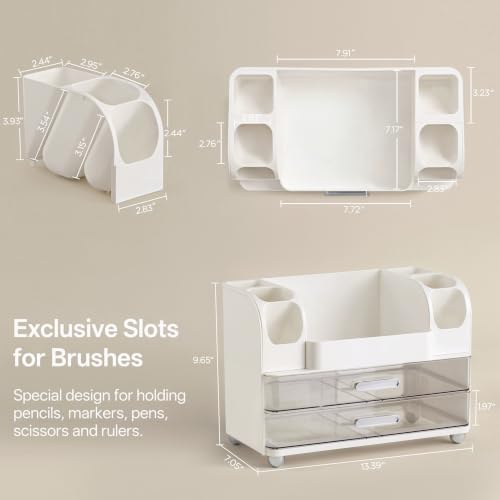 HBlife Desk Organizer with Pencil Pen Holder for Desk, Pen Organizer with 2 Drawers, Desk Organizers and Accessories with Compartments, Desktop Storage for Office, Home, School, Art Supplies, White - Image 4