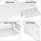 Marbrasse Metal Printer Stand for Desk with Storage Drawer and 2 Pen Holders, 2-Tier Desktop Organizer Printer Table for Home Office, Multi-Purpose Desk Organizer for Fax Machine Scanner Files(White) - Image 3