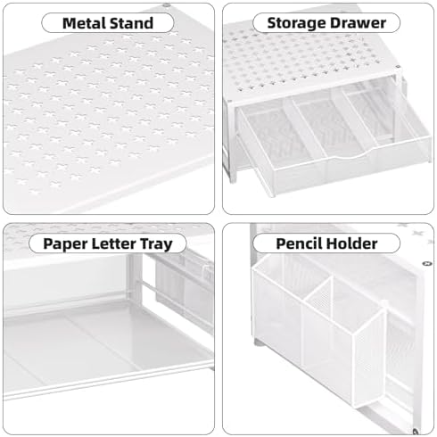 Marbrasse Metal Printer Stand for Desk with Storage Drawer and 2 Pen Holders, 2-Tier Desktop Organizer Printer Table for Home Office, Multi-Purpose Desk Organizer for Fax Machine Scanner Files(White) - Image 3