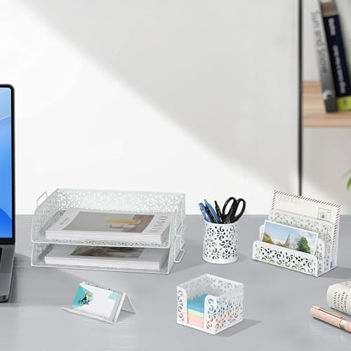 EasyPAG Desk Organizers and Accessories 5 Pieces Office Supplies Set - 2 Tier Paper Tray, Pencil Organizer for Desk, Mail Sorter Countertop, Business Card Holder and Sticky Note Holder, White - Image 7