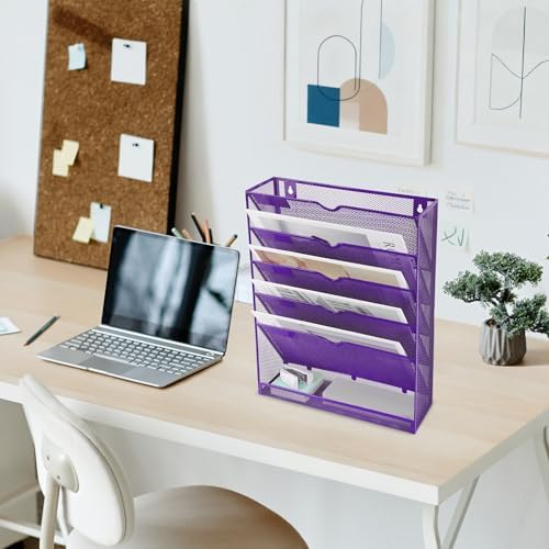EASEPRES 6 Tier Mesh Hanging Wall File Organizer, Desk Vertical Mail Paper Document Folder Holder Rack with Bottom Tray and Nametag Label for Office Home School, Purple - Image 5