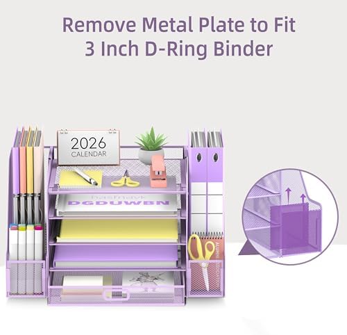 SUPEASY Mesh Desk Organizer with File Holder, 5-Tier Paper Letter Tray Organizer with Magazine Holder, Desktop Organizer and Storage with Drawer for Office Supplies Home or School (Purple) - Image 6
