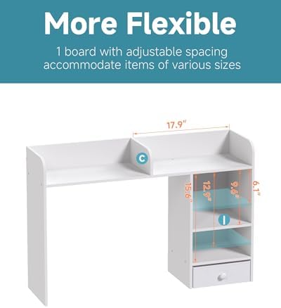 LAND·VOI Desktop Bookshelf with Drawer, Desk Hutch with 4 Storage Shelves for Computer Desk, Desk Shelf for Home Office Dorm, Dressing Tabletop, Bar Countertop, White - Image 5