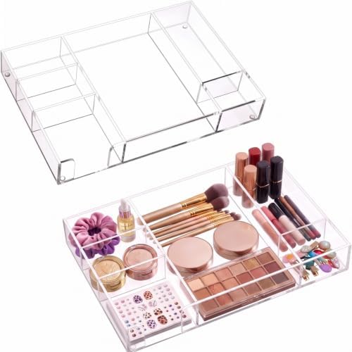 Briwooody 2 Pcs Clear Acrylic Desk Drawer Organizer 12 x 8 x 1.77 Inch Drawer Organizer Trays with 6 Compartments Desk Accessories for Office Makeup Silverware Bathroom by Briwooody