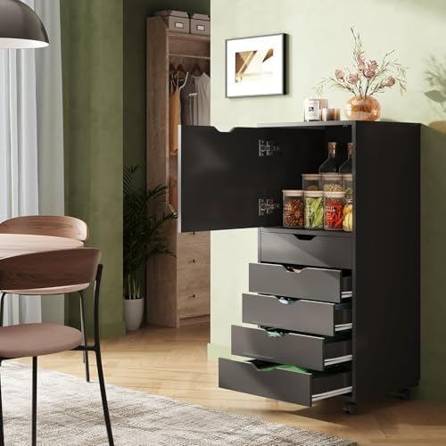 DEVAISE 5 Drawer Cabinet with 1 Door, Mobile Office File Cabinet, Black - Image 2