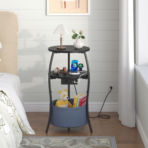 sthemc 3-Tier Small Round End Table Livingroom with Charging Station,Basket - Image 6