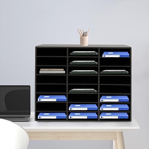 24 Slot Mail Sorter Organizer, Wood Literature Organizer Student Mailbox for Classroom, Desktop File Paper Storage Rack for Office Home School - 29" L×11.9”W×23.5“H (Black, 24-Compartment-B) - Image 5