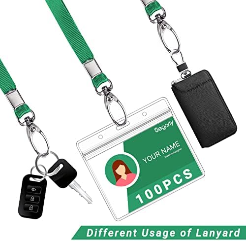Segarty Lanyards with ID Holder, 100 Pack Horizontal Badge Clear Plastic Name Tags Neck Key Card Bulk, Green Strap Clips Waterproof Ziplock Nametag Protector for Women, Student, Business, Work, School - Image 3