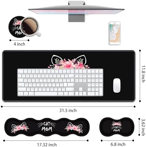 4 in 1 Ergonomic Keyboard Wrist Rest & Mouse Pad Wrist Rest Set, Large XXL Gaming Desk Mat 31.5"x 11.8" with Non-Slip Base, Memory Foam for Home Office Study Gaming, Cat Mom Floral - Image 2