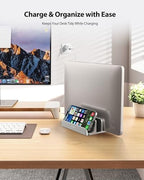 AboveTEK Vertical Laptop Stand, 3 Slots Aluminum Desk Laptop Holder & Laptop Docking Station Stand for MacBook, Tablet, Phone - Universal Fit (Up to 17.3") - Heavy Duty Polished, Anti Slide - Silver - Image 2