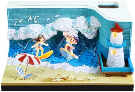 3D Calendar 2027, Tear-Away Desk Calendar, Paper Art Memo Pad, LED Light (surf) - Image 2