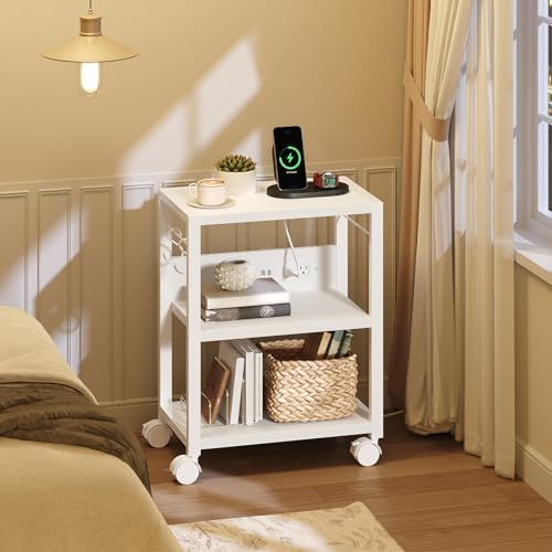 MAHANCRIS Industrial Printer Cart, 3-Tier Mobile Printer Stand, Rolling Cart with 2 AC Outlets and 2 USB Ports, Home Printer Stand with 2 Hooks, for Office, Living Room, White PTWT40E01 - Image 3