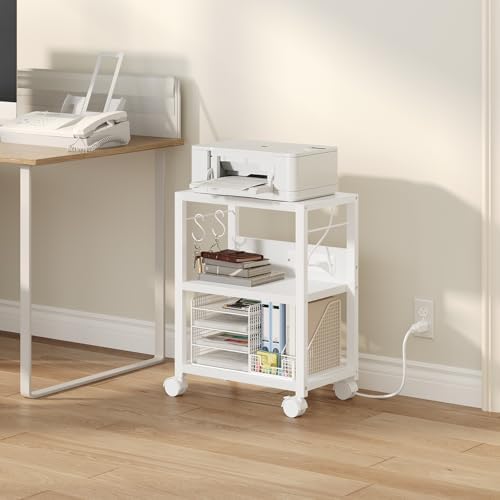 MAHANCRIS Industrial Printer Cart, 3-Tier Mobile Printer Stand, Rolling Cart with 2 AC Outlets and 2 USB Ports, Home Printer Stand with 2 Hooks, for Office, Living Room, White PTWT40E01 - Image 2