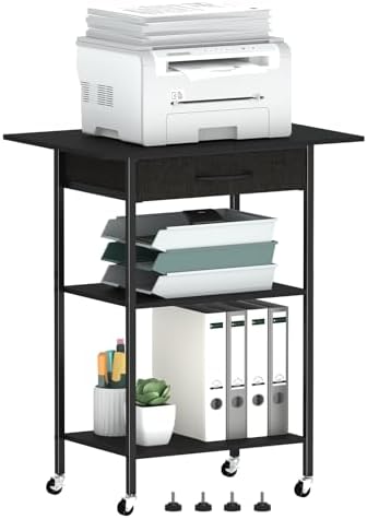 Arbuxzuy 3-Tier Printer Stand, Printer Table with Fabric Drawer, Industrial Printer Storage Cart with Wheels, Rolling Printer Stand for Heat Press Scanner Fax, Black by Arbuxzuy