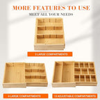 Bamboo Sliding Desk Drawer Organizer 9'' up to 17.9'' x 12'' x 2.2'' Expandable Office Desk Accessories Supplies Tray with 11 Compartments for Pens, Notebooks, Rulers, and Makeup Jewelry Vanity - Image 3