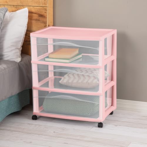 Sterilite 3 Pack Wide 3 Drawer Storage Cart, Rolling Organization, Pink - Image 4