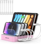 MSTJRY Charging Station for Multiple Devices : 5 Port Multi USB-A Charger Stations Multi-Device Organizer Charging Dock Designed for iPhone iPad Cell Phone Tablets (7 Short Cables Included), Pink by MSTJRY